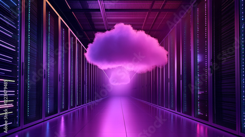 A digital cloud hovering above a network of servers in a modern data center, with illuminated server racks reflecting the transition to cloud technology, symbolizing cloud migratio photo