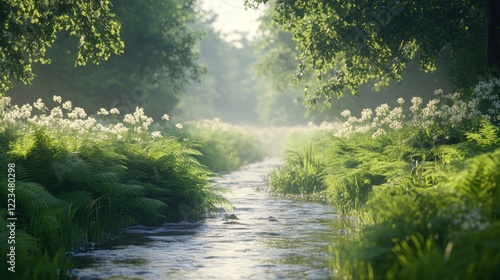 Serene Stream Flows Through Lush Green Forest