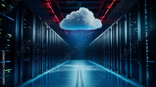 A serene cloud hovering above a modern server room, with thin digital lines connecting it to the servers, visualizing the connection between the digital and physical realms in the photo