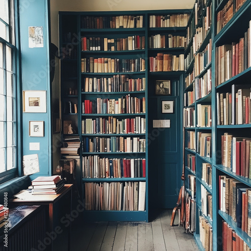 Cinematic Blue Barker Library, Palace Green Library, Durham University. Row of library shelves with books. photo