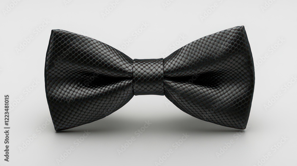A black bow tie, elegantly draped on a white background A black bow tie, elegantly draped on a white background