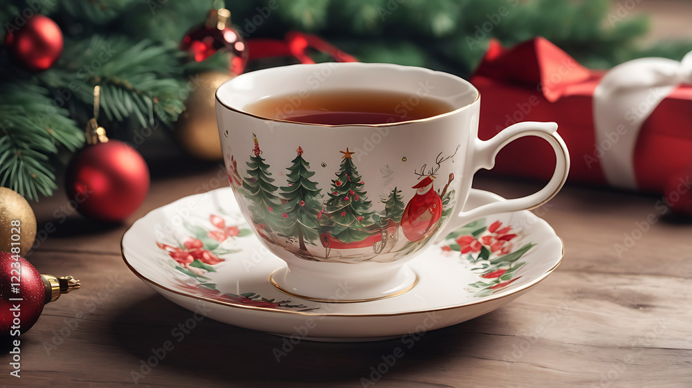 Fototapeta premium Christmas festive clevration for winter greeting card. White candle white cup of tea, wooden natural tray and knitted blanket. Home display interior decoration.