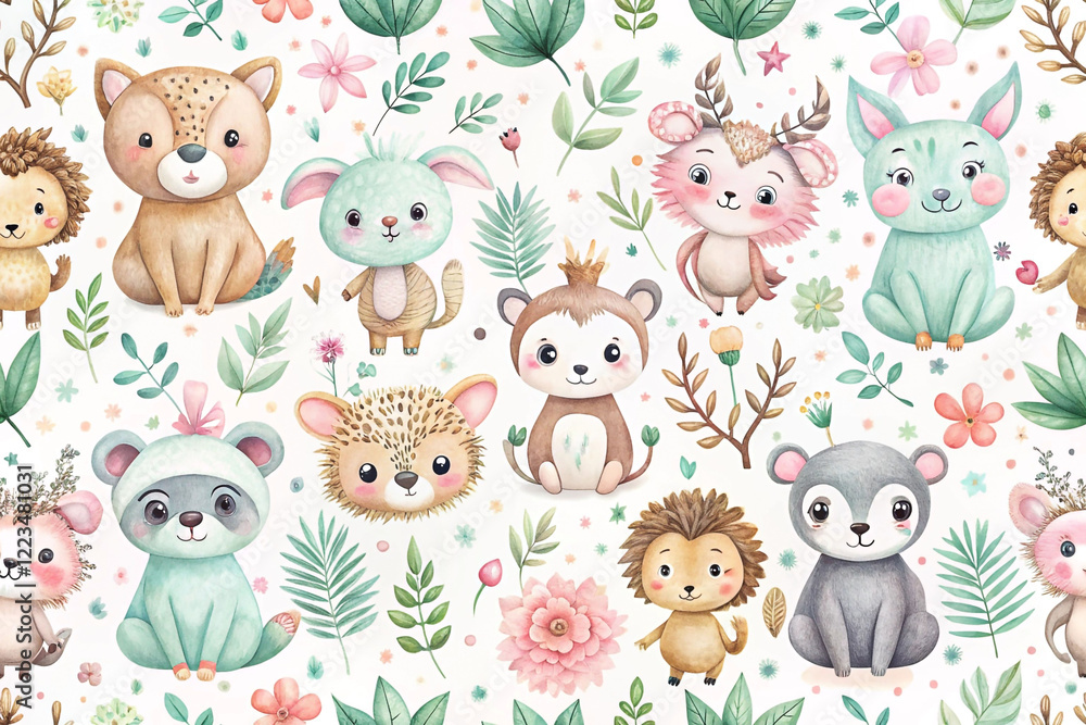 Naklejka premium Adorable watercolor animal pattern with flowers and leaves.