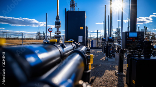 Wallpaper Mural An expansive view of gas pipelines snaking through a large oil and gas plant, connected to complex machinery, with high-tech control panels and temperature gauges visible along the Torontodigital.ca