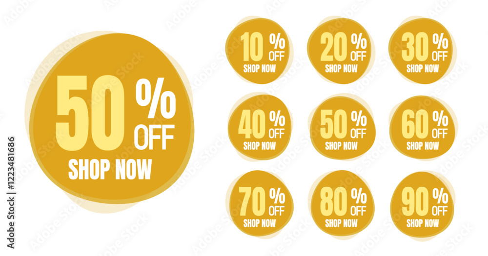 10%, 20%, 30%, 40%, 50%, 60%, 70%, 80%, 90%, Discount. Sale tags set vector badges template. Sale offer price sign. Special offer symbol. Discount promotion. Discount badge shape. 10%, 20%, 30%, 40%, 50%, 60%, 70%, 80%, 90%, Discount. Sale tags set vector badges template. Sale offer price sign. Special offer symbol. Discount promotion. Discount badge shape.