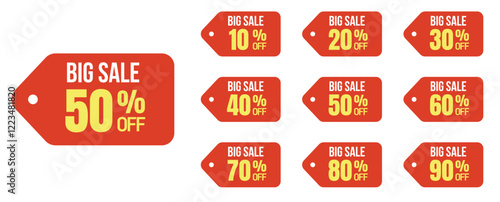 Sale discount price 10, 20, 25, 30, 40, 50, 60, 70, 80, 90 percent Promotion sticker badge set for shopping marketing and advertisement clearance sale, Save money. vector illustration.