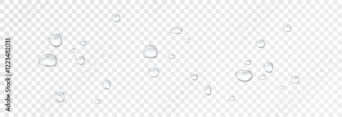 Realistic water drops on a transparent background, condensation on the surface with light reflection and shadow, vector, png, 3D effect.	