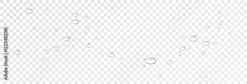 Realistic water drops on a transparent background, condensation on the surface with light reflection and shadow, vector, png, 3D effect.