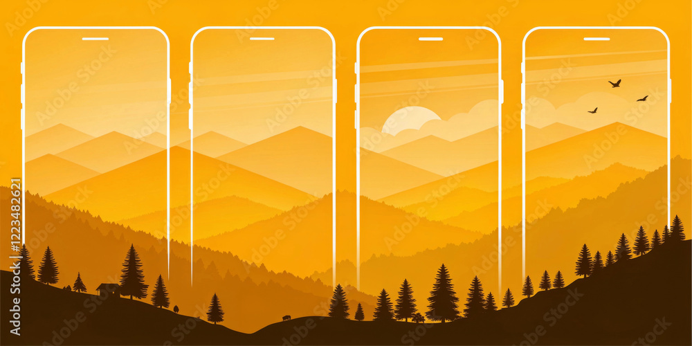 Obraz premium Silhouettes of towering mountains and trees are gently enclosed within the outlines of smartphone screens, creating an intriguing blend of technology and nature. AI