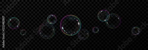 Realistic soap bubbles vector, png on a transparent background. Flying and falling soap bubbles.	
