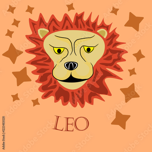 Vector illustration of the zodiac sign Leo. Zodiac sign, animal, lion. Beast, big cat, lion, charisma, zodiac. Animal portrait, inscription: "leo."