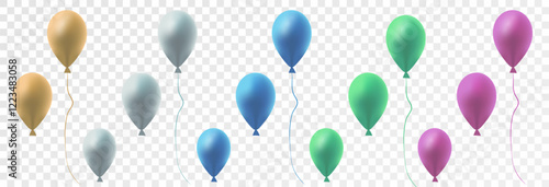 Air holiday balloons on a transparent background, template for advertising, banner, birthday. Vector, png. Festive 3D helium balloons.	

