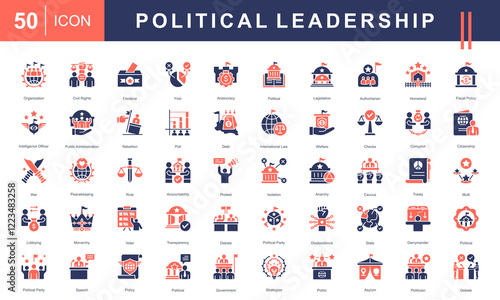 Icon set illustrating Political Leadership, governance, and civic activities, including elections, policies, debates, civil rights, protests, and government strategies. Ideal for political and educati