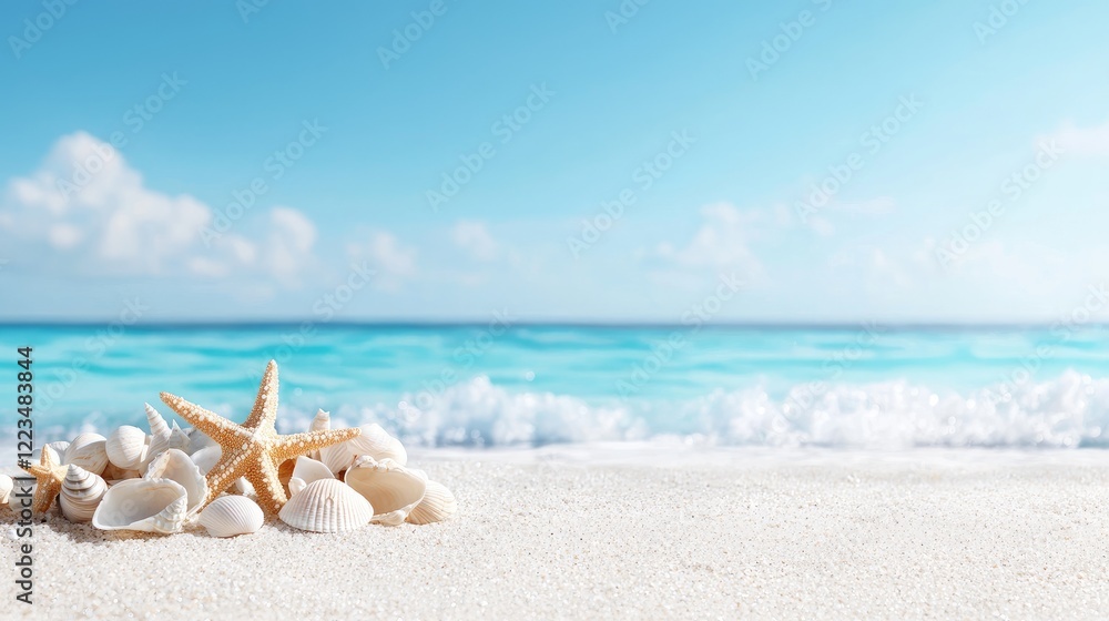 Seashells and starfish on beach, turquoise ocean background; summer vacation Seashells and starfish on beach, turquoise ocean background; summer vacation