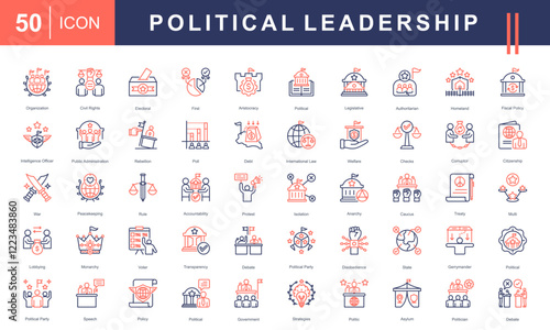 Icon set illustrating Political Leadership, governance, and civic activities, including elections, policies, debates, civil rights, protests, and government strategies. Ideal for political and educati