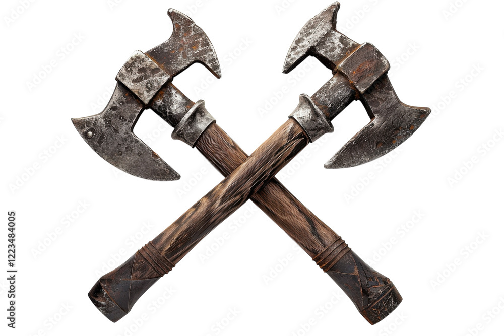 Ancient craftsmanship on display with crossed battle axes resting on a white background in artistic arrangement isolated on transparent background Ancient craftsmanship on display with crossed battle axes resting on a white background in artistic arrangement isolated on transparent background