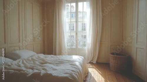 Wallpaper Mural Sunlit Bedroom with Linen Bedding and Parisian View Torontodigital.ca