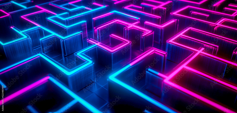 Abstract digital background with glowing neon cubes and lines forming an illuminated maze, representing technology and data flow in the internet age Abstract digital background with glowing neon cubes and lines forming an illuminated maze, representing technology and data flow in the internet age