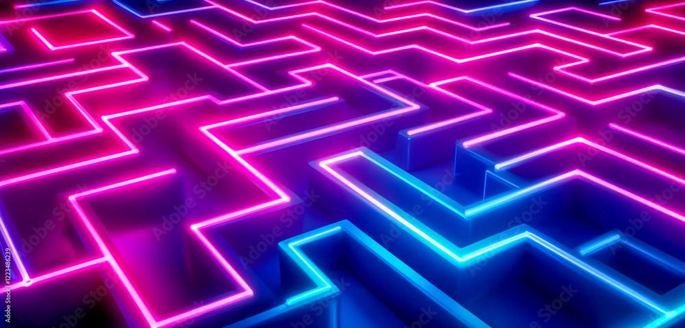 Abstract digital background with glowing neon cubes and lines forming an illuminated maze, representing technology and data flow in the internet age Abstract digital background with glowing neon cubes and lines forming an illuminated maze, representing technology and data flow in the internet age