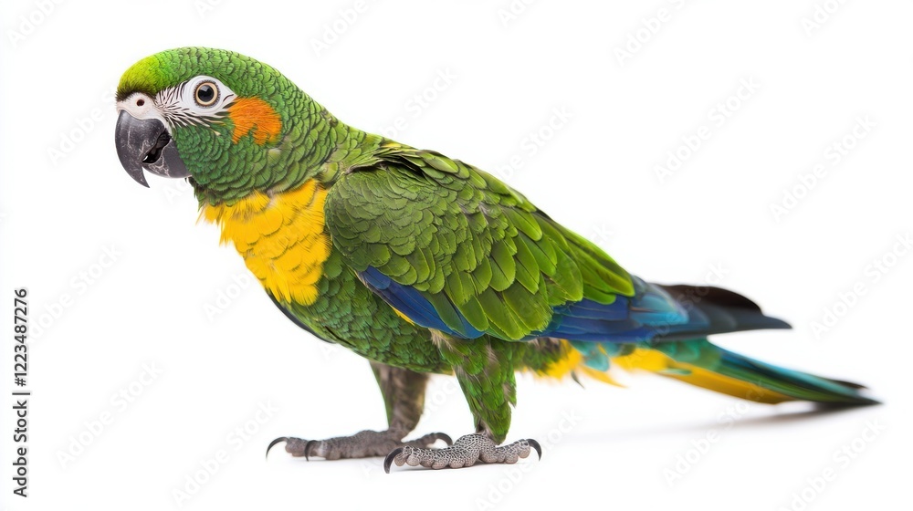 Vibrant green parrot with yellow and blue feathers on white background Vibrant green parrot with yellow and blue feathers on white background