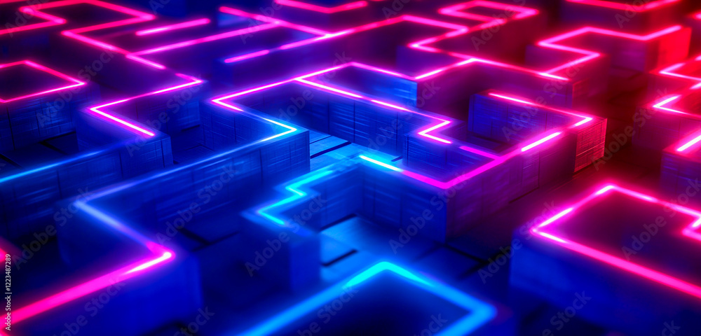 Abstract digital background with glowing neon cubes and lines forming an illuminated maze, representing technology and data flow in the internet age Abstract digital background with glowing neon cubes and lines forming an illuminated maze, representing technology and data flow in the internet age
