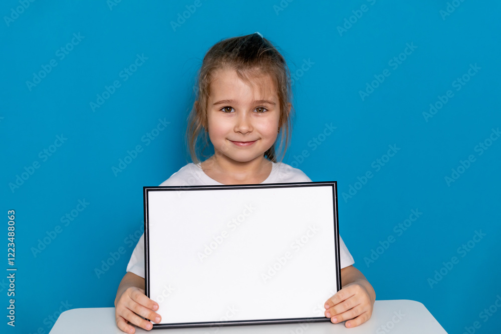 Happy little preschool girl sitting at table with empty white mock up paper board on a light blue background, copy space. Preschool education, goods for children. High quality photo Happy little preschool girl sitting at table with empty white mock up paper board on a light blue background, copy space. Preschool education, goods for children. High quality photo
