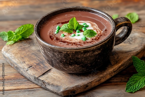 Dark chocolate mint hot cocoa, garnished with crushed mint leaves and a swirl of cream, in a rustic stoneware mug on a wooden table.
