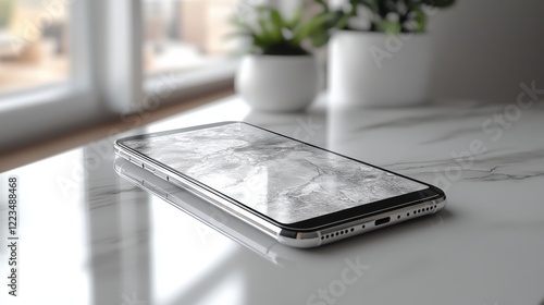 Close-up of a smartphone on a minimalistic white table with serene lighting