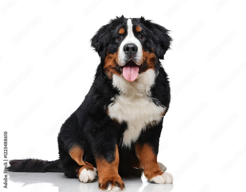 Sitting Bernese Mountain Dog panting isolated on white background. Friendly and majestic, ideal for pet-related projects or advertising. Clean, professional presentation Sitting Bernese Mountain Dog panting isolated on white background. Friendly and majestic, ideal for pet-related projects or advertising. Clean, professional presentation
