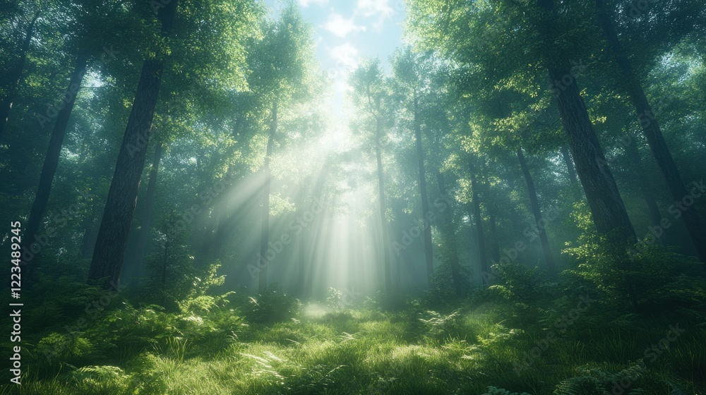 Sunbeams in misty forest, nature background, peaceful scene Sunbeams in misty forest, nature background, peaceful scene