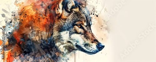 Wolf portrait with an artistic watercolor splash effect, perfect for designs related to nature and wildlife photo