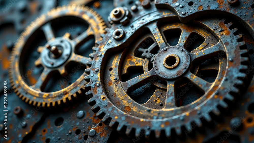Rusting mechanical gears with intricate designs. Rusting mechanical gears with intricate designs.