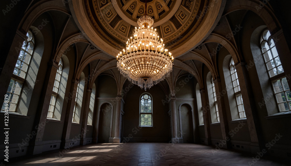 Obraz premium Chandelier hanging in elegant room with arched windows