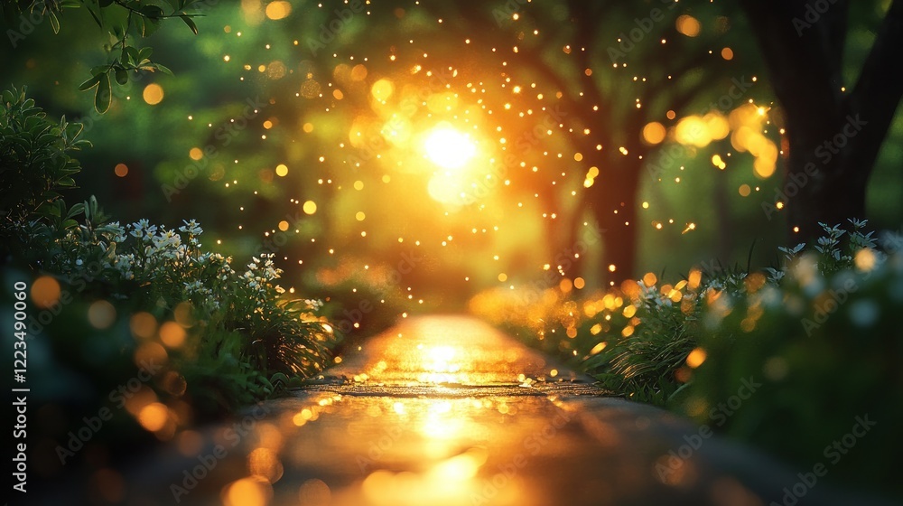 Naklejka premium Sunlit garden path, bokeh, sunset, water, magic