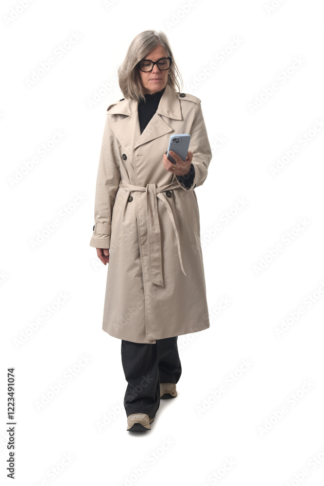 Front view of walking woman looking at her smartphone on white background Front view of walking woman looking at her smartphone on white background