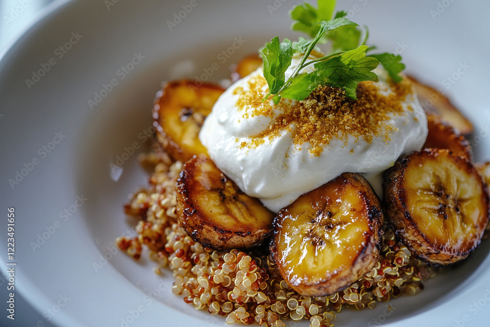 Close-up of a breakfast bowl, quinoa, caramelized banana slices, creamy yogurt. For food blogs, health-related articles, restaurant menu, or advertising Close-up of a breakfast bowl, quinoa, caramelized banana slices, creamy yogurt. For food blogs, health-related articles, restaurant menu, or advertising