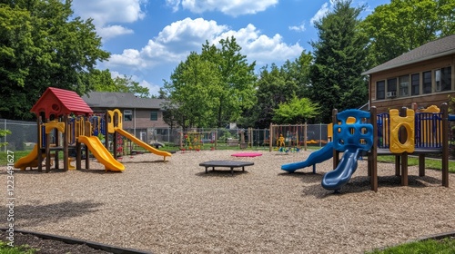 Wallpaper Mural Welcome to kindergarten ad poster, invitation for kids to educational playschool. Nursery school building facade with playground. Day care center for children studying, Cartoon vector promo flyer Torontodigital.ca