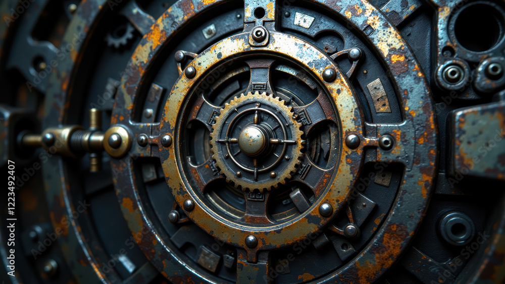 Fototapeta premium A close-up view of a rusty metal gear system with intricate details.