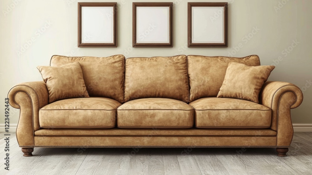 Fototapeta premium Tan Leather Sofa with Three Pictures Above
