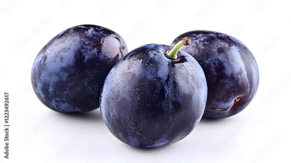 Fresh juicy prunes isolated on white background. Healthy eating, organic fruits or fresh produce Fresh juicy prunes isolated on white background. Healthy eating, organic fruits or fresh produce