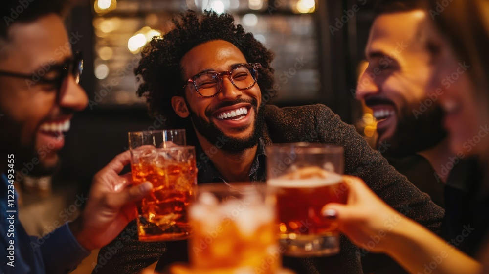 Joyful gathering of diverse young adults celebrating with drinks at night Joyful gathering of diverse young adults celebrating with drinks at night