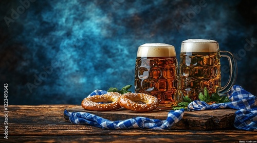 Oktoberfest themed background with beer and pretzel