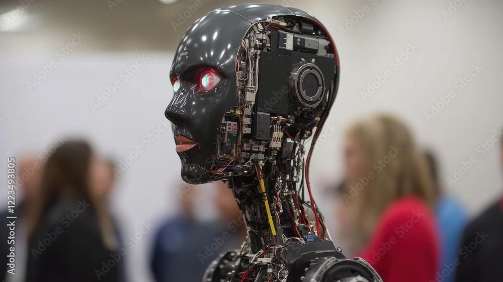 Close-up of Female Robot Head with Exposed Internal Mechanisms Close-up of Female Robot Head with Exposed Internal Mechanisms