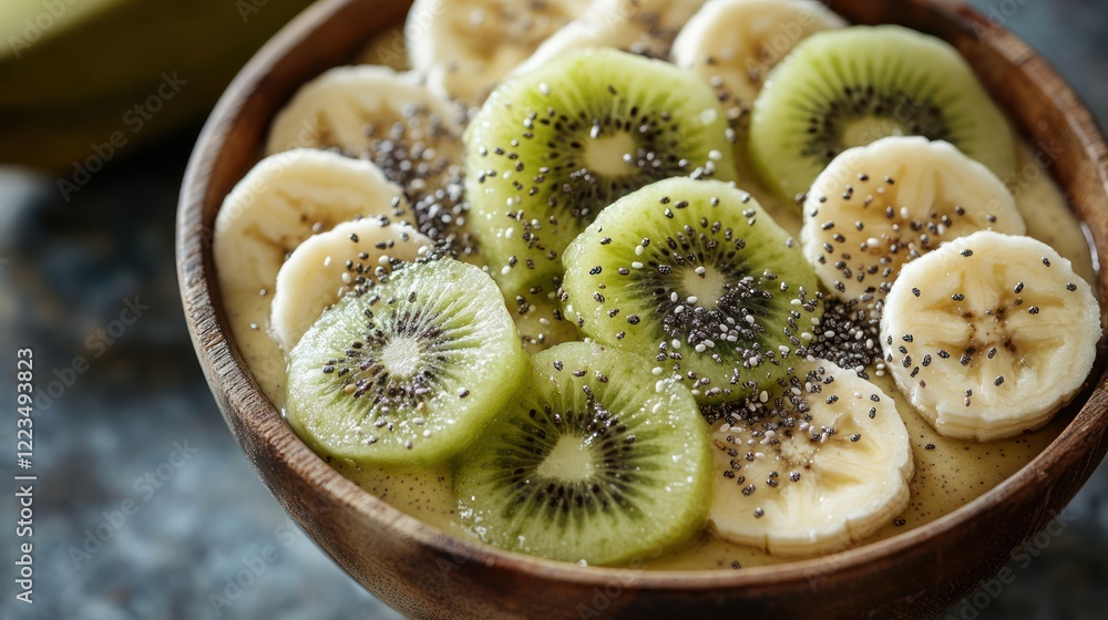fresh banana slices, vibrant kiwi, and a sprinkle of chia seeds, all artfully placed on a white ceramic plate. fresh banana slices, vibrant kiwi, and a sprinkle of chia seeds, all artfully placed on a white ceramic plate.