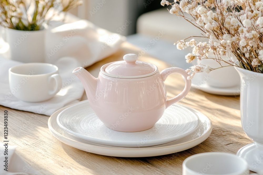 Charming rustic tea table setup featuring pastel pink teapot, white ceramic cups, and dried floral arrangements creating a cozy ambiance Charming rustic tea table setup featuring pastel pink teapot, white ceramic cups, and dried floral arrangements creating a cozy ambiance