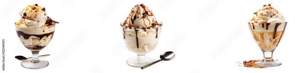 Luxurious affogato dessert with a scoop isolated on transparent background, PNG, Set of Luxurious affogato dessert with a scoop isolated on transparent background, PNG, Set of