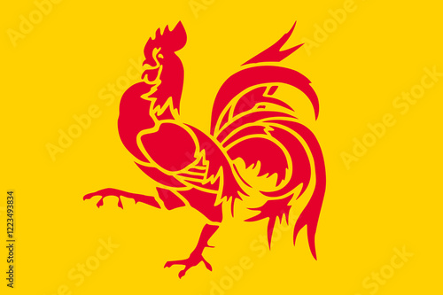 Flag of Walloon Region (Kingdom of Belgium) Wallonie, red rooster on a yellow field,
