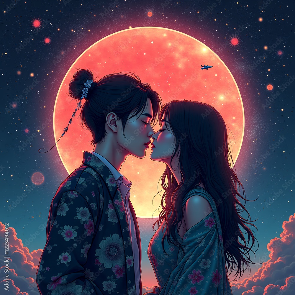 Traditional Japanese-Styled Couple in Floral Kimonos Sharing Intimate Kiss Under Large Red Moon with Stars for Cultural Romance Themes Traditional Japanese-Styled Couple in Floral Kimonos Sharing Intimate Kiss Under Large Red Moon with Stars for Cultural Romance Themes
