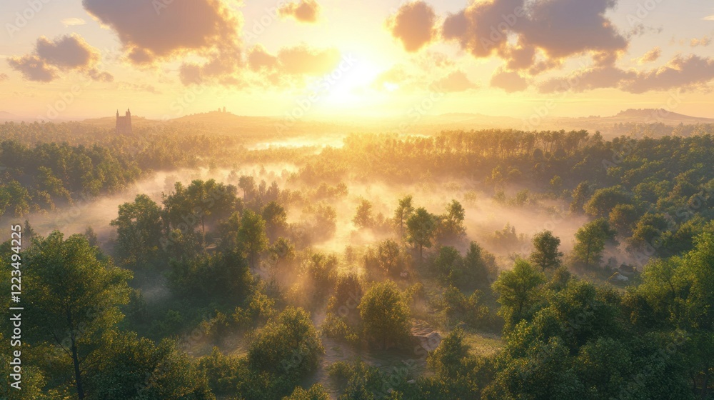 Fototapeta premium Sunrise over misty forest, castle backdrop, aerial view