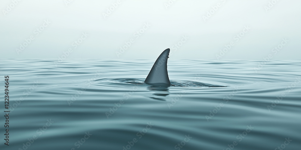 Naklejka premium Shark fin swimming in the ocean creating ripples in a foggy morning